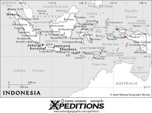 Red dots show Sorong and Kaimana, the start and finish points of our liveaboard